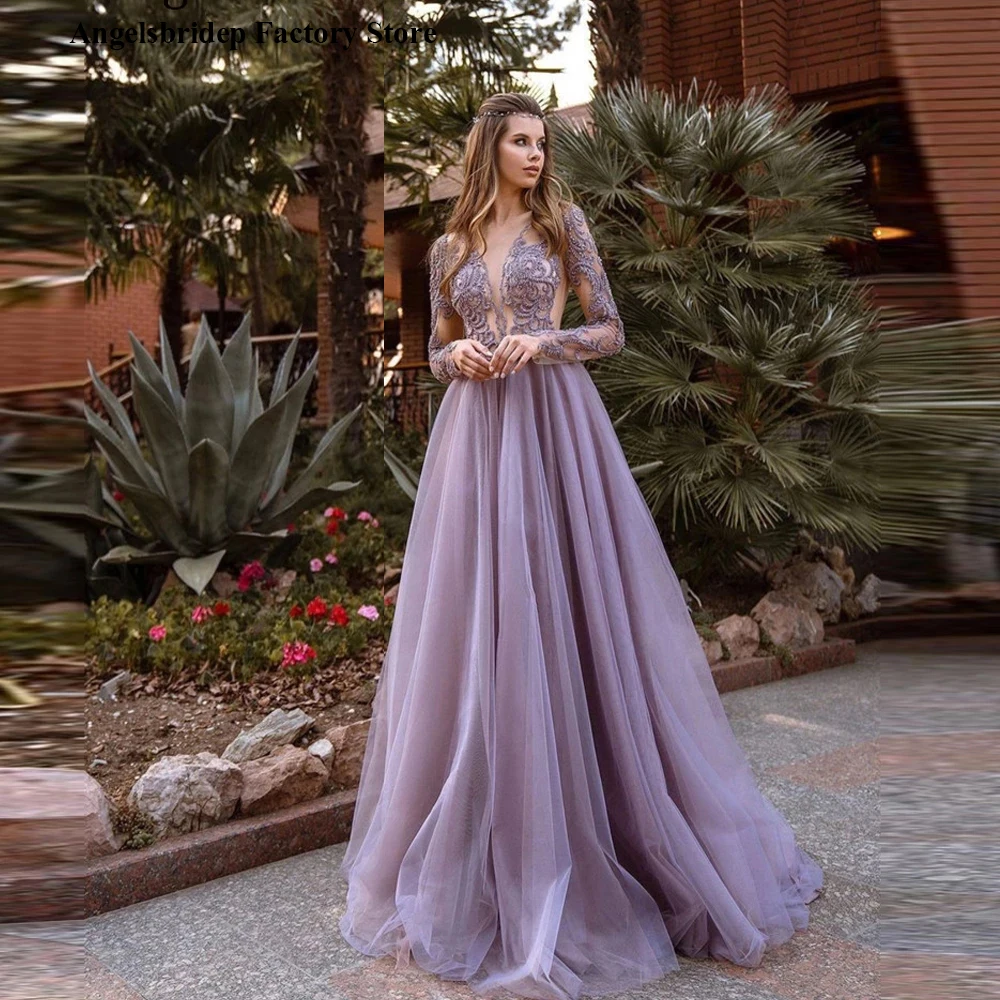 

Angelsbridep Dusty Lavender Sheer Long Sleeves Prom Dresses A Line Fall Lace Applique Delicate Women Celebrity Evening Gowns