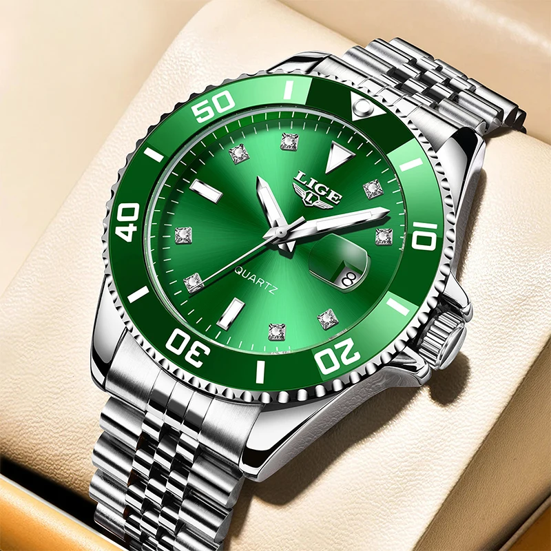 LIGE Роскошные мужские часы модный комплект с бриллиантами зеленый циферблат из