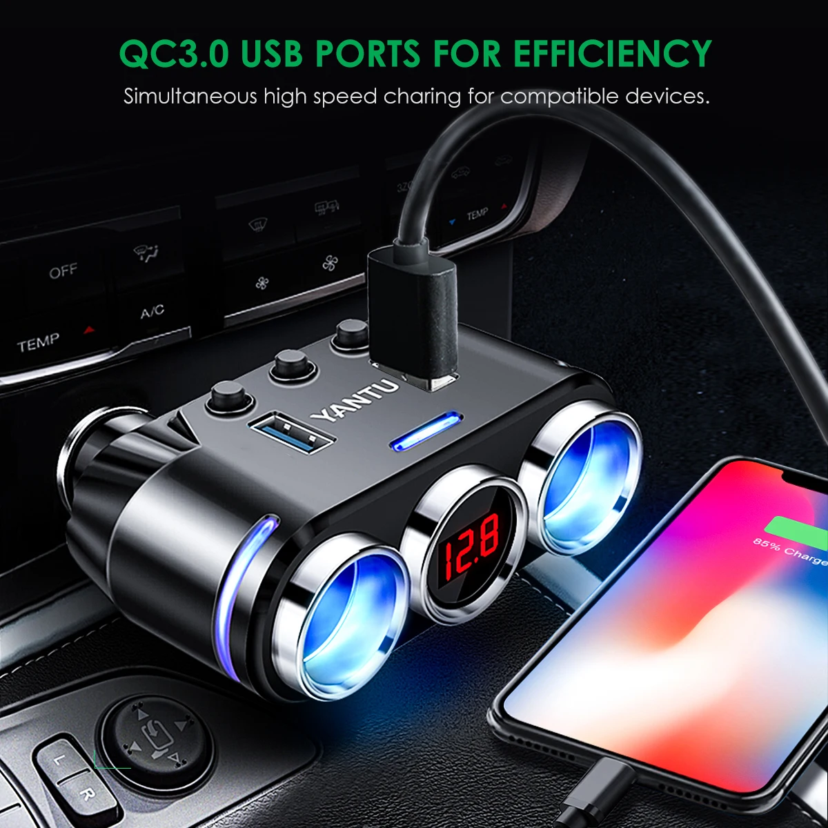 

3Way Cigarette Lighter Socket Splitter Adapter Dual USB QC3.0 Car Charger 12/24V 3Way 3Way