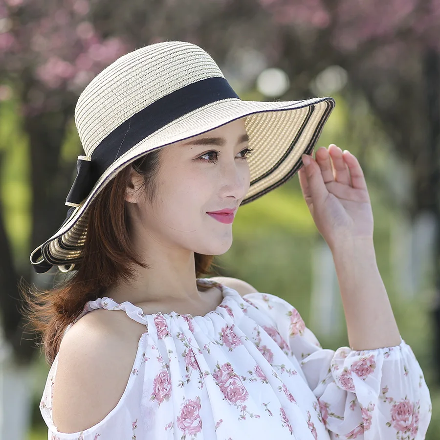 

Spring Summer Women's Foldable Straw Hat Outdoor Wide-Brimmed Ladies Sunshade Sun Hat UV Protection Beach Hat