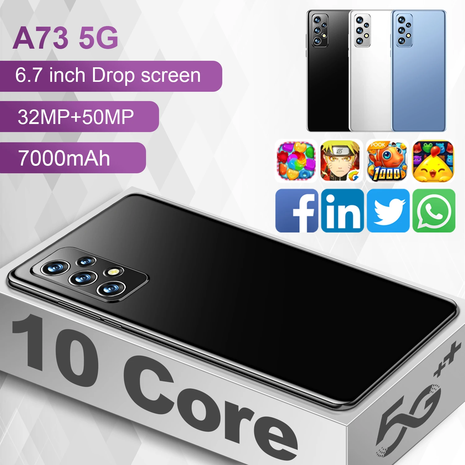 

Global Version A73 6.7 Inch 16+512GB Android 12.0 Smart Phone Qualcomm 888 Deca Core 32+50MP 7000mAh Face Unlock Mobile Phones