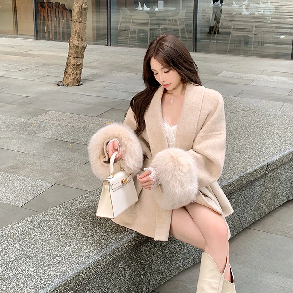 Корейская Двусторонняя кашемировая куртка Женское зимнее пончо из лисьего меха