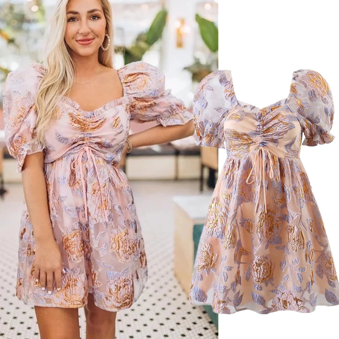 

Dave&Di Ins Indie Folk Summer Mini Dress Blogger French Style Cotton Gilding Puff Sleeve Vintage Square Collar Party Dress