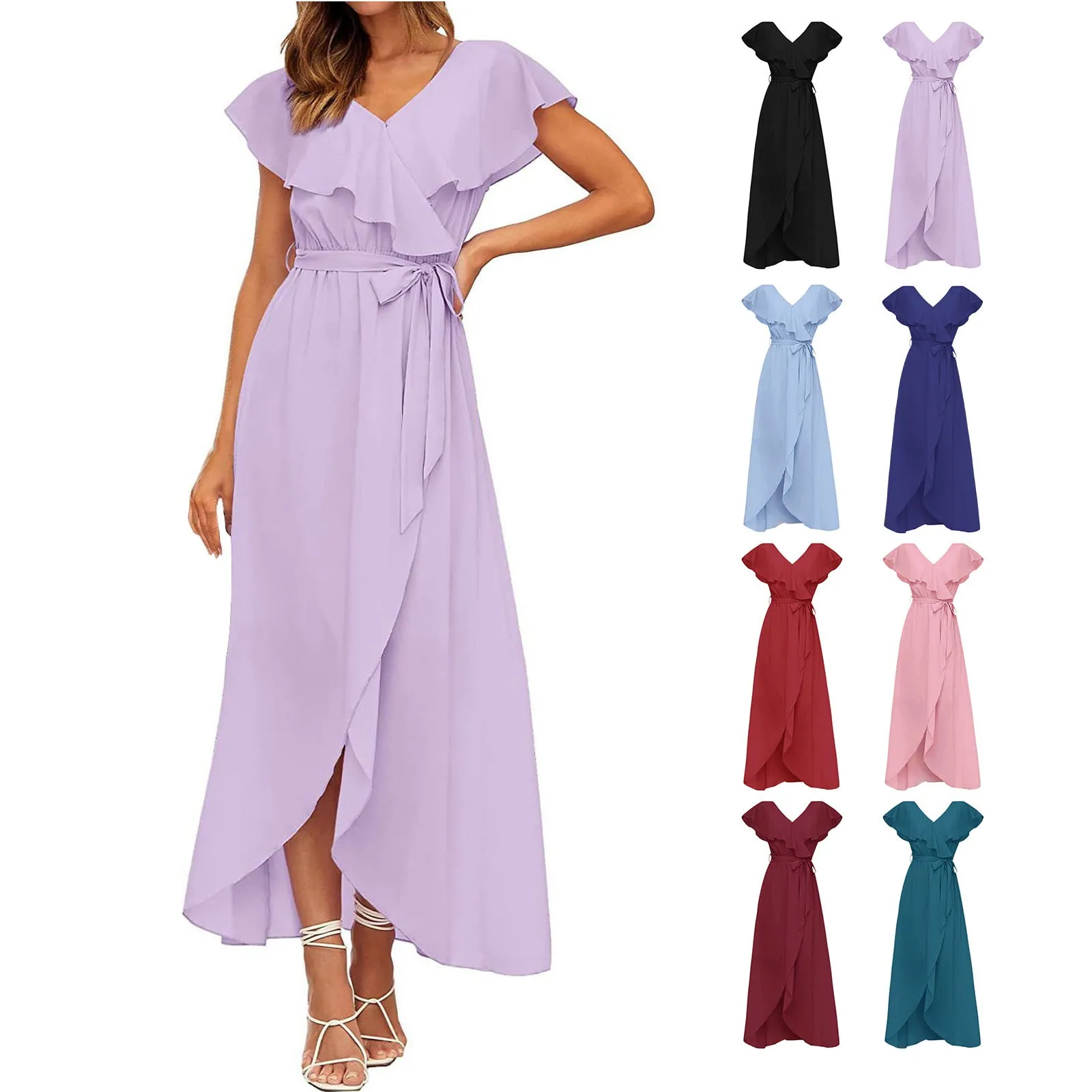 

V Neck Ruffle Tie Hem Slit Short Sleeve Dress Petite Long Casual Dresses for Women