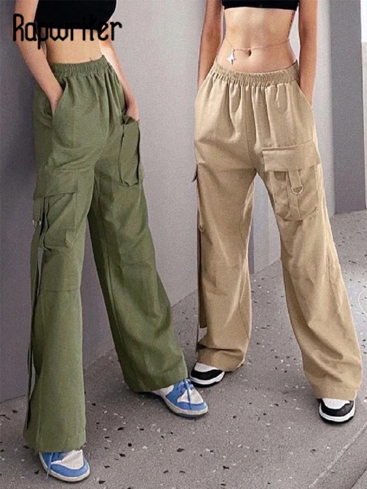 

Rapwriter Vintage Pocket Baggy Cargo Pants y2k Grunge Women Wide Leg Pants Sweat Pants Chic Streetwear Hip Hop Jogger Pants 90s