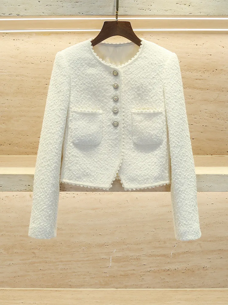 

Женское твидовое короткое пальто, элегантное белое однобортное пальто с длинным рукавом и круглым вырезом для ранней осени, 2023