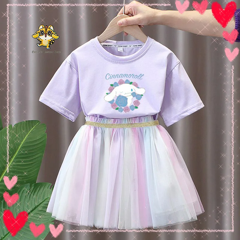 Sanrio T-shirts Dresses Sets Cinnamoroll Kawaii Girls Cartoon Fashion Baby Princess Dress Summer Women Skirt Short Sleeve Kids