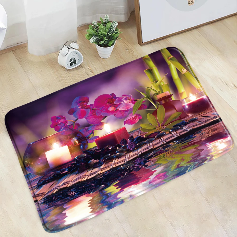 

Doormat Zen Bathroom Mat Purple Orchid Green Bamboo Spa Plant Landscape Floor Decor Bath Non-Slip Rug Bedroom Kitchen Entrance