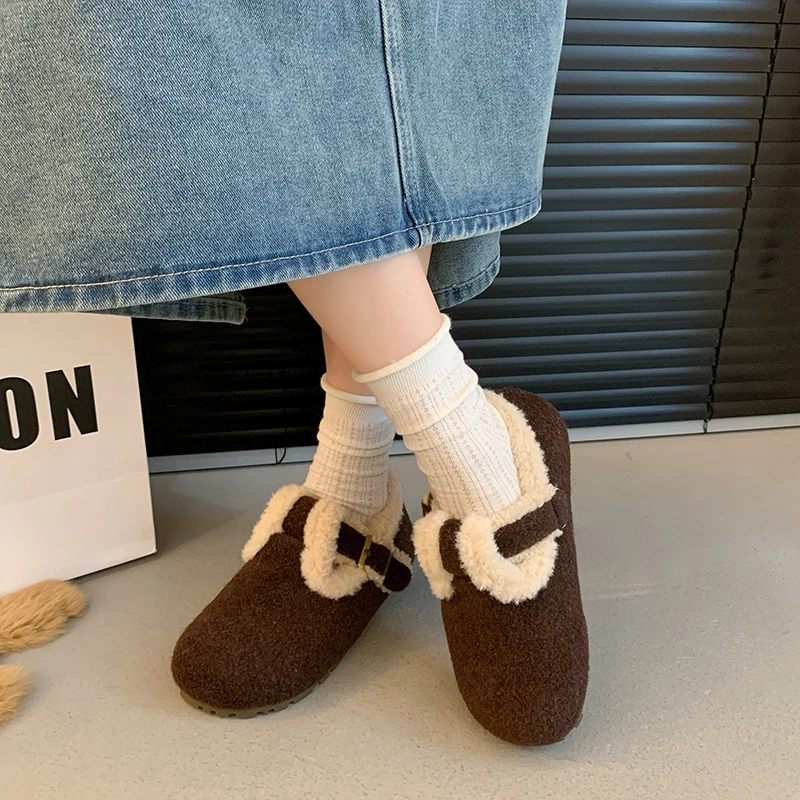 2025 зимние женские ботильоны на плоской подошве короткие плюшевые замшевые туфли