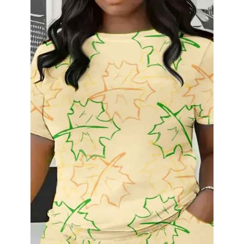 Женский Тонкий Комплект летних шорт с коротким рукавом и принтом кленовых