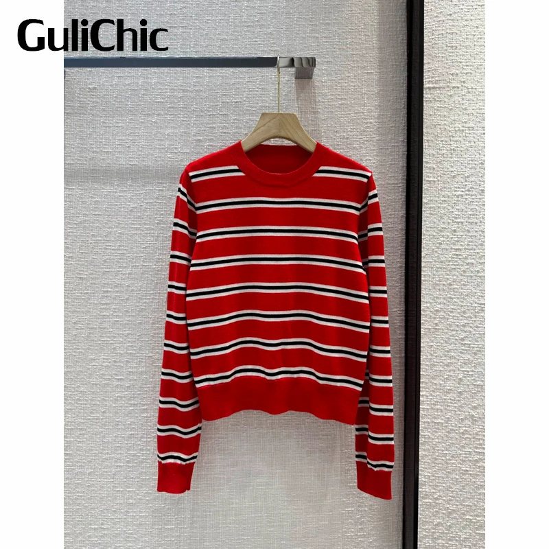

Женский трикотажный пуловер в полоску GuliChic, Повседневный шерстяной свитер контрастных цветов с круглым вырезом и длинным рукавом, 12,28