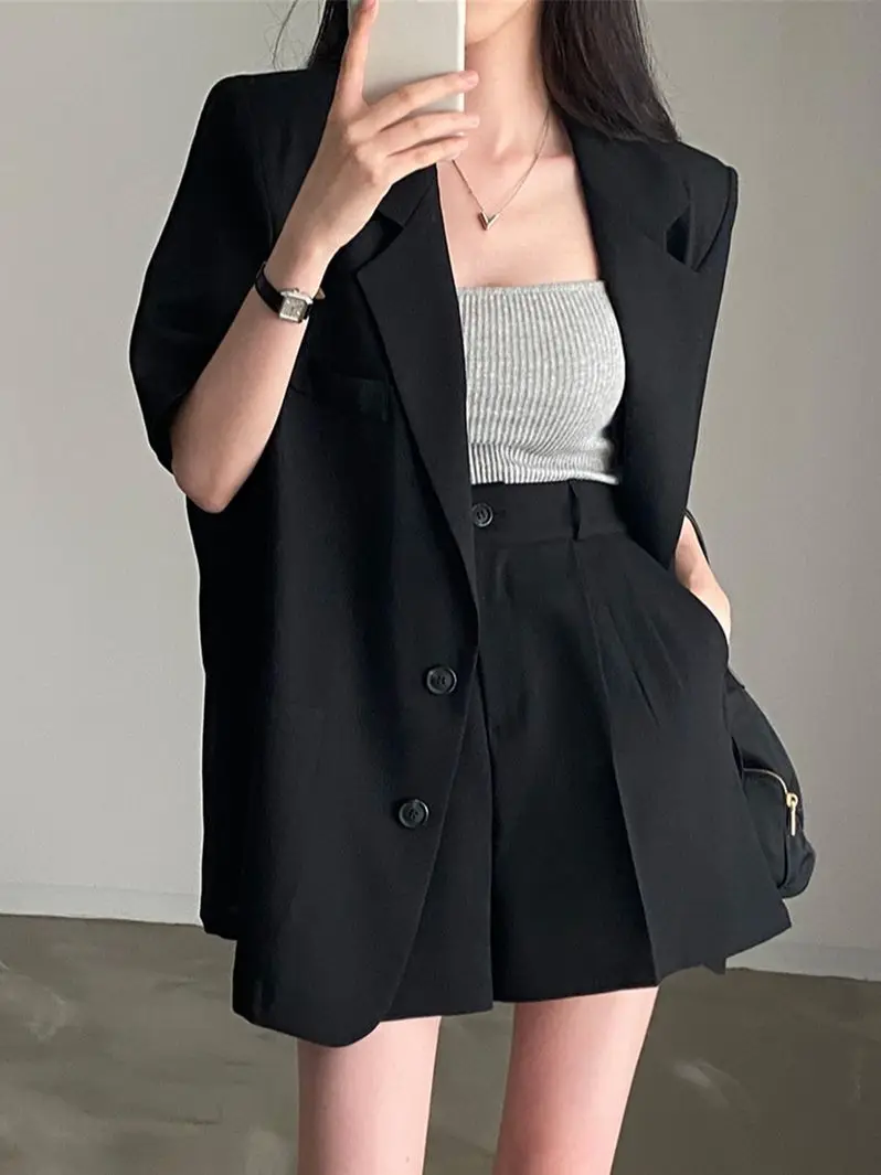 

HziriP Chic High Quality Women Sets Summer Normcore Solid Blazers 2022 Loose Hot High Waist OL Wide Leg Casual Shorts Suits