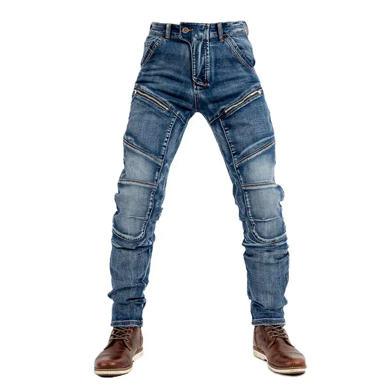 Men's Casual Multi Pocket Stretch Jeans Double Zipper Fashion Motorcycle Riding Jeans Men's Sleeveless Knee Pants