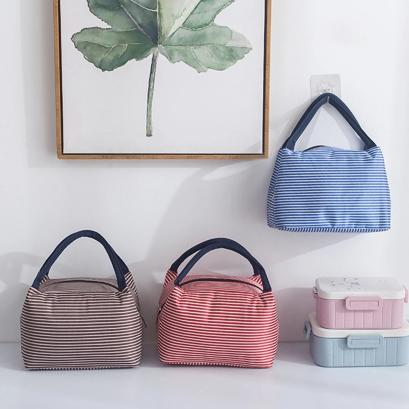 

1pc Stripe Lunch Bag Box Tote Lunch Foil Thickened Handle Lunch Bag Portable Insulated Canvas Lunch Bag Bento Boxes