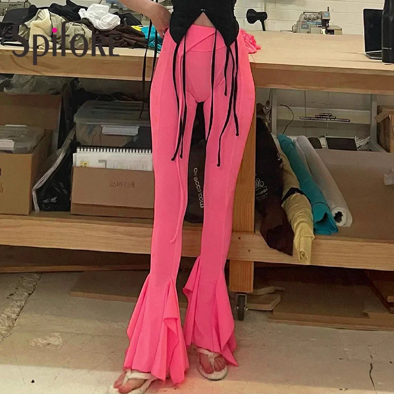 

Spifore Streetwear Low Waist Women Pants Fashion Skinny Long Flare Pants Sexy Y2K Leggings Brown Summer Casual Trousers Pink