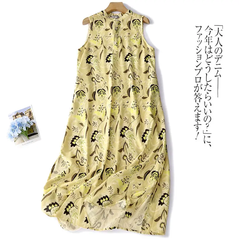 

2023 Summer New Womans Floral Printing Dress Vintage O Neck Sleeveless Pullover Long Robe Female Soft Loose Mid-calf Dresses