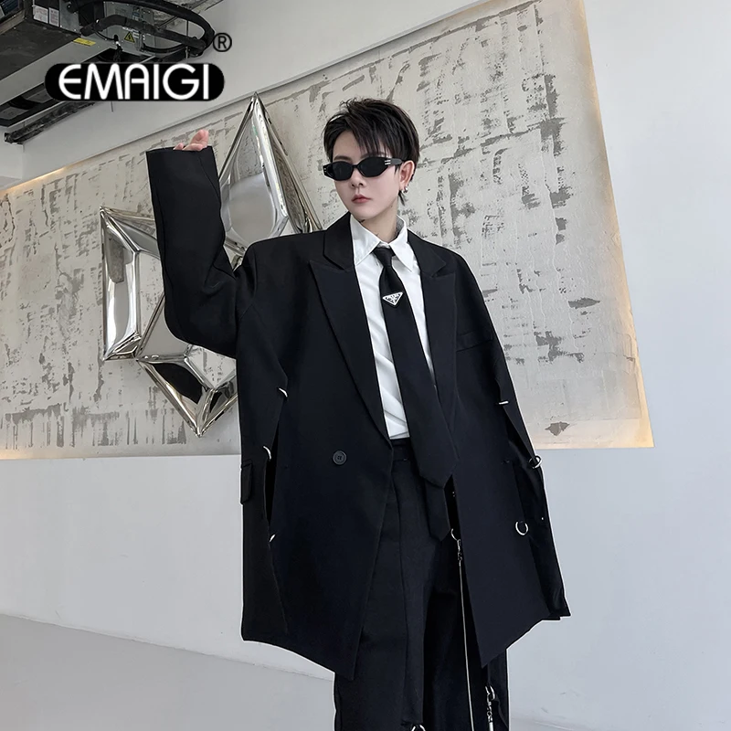 Мужская темная черная нишевая Мода с металлической пряжкой свободные женские куртки Мужская Уличная одежда хип-хоп блейзеры костюмное пальто