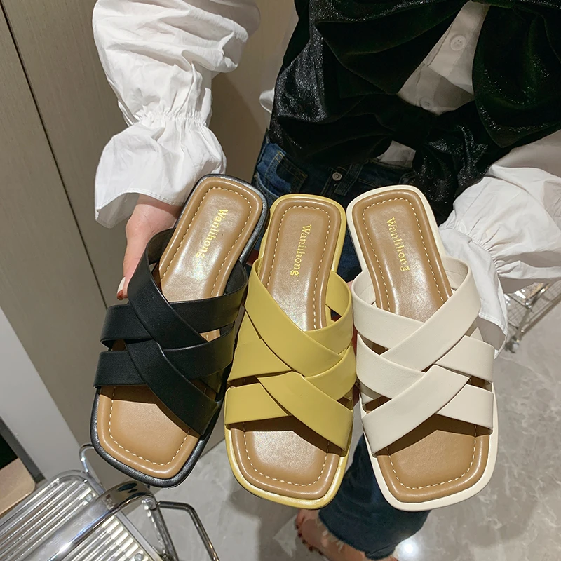 

Женские шлепанцы из ПУ кожи, низкая обувь, квадратный носок, без каблука, сланцы, пляжная обувь, базовая обувь в римском стиле, лето 2022