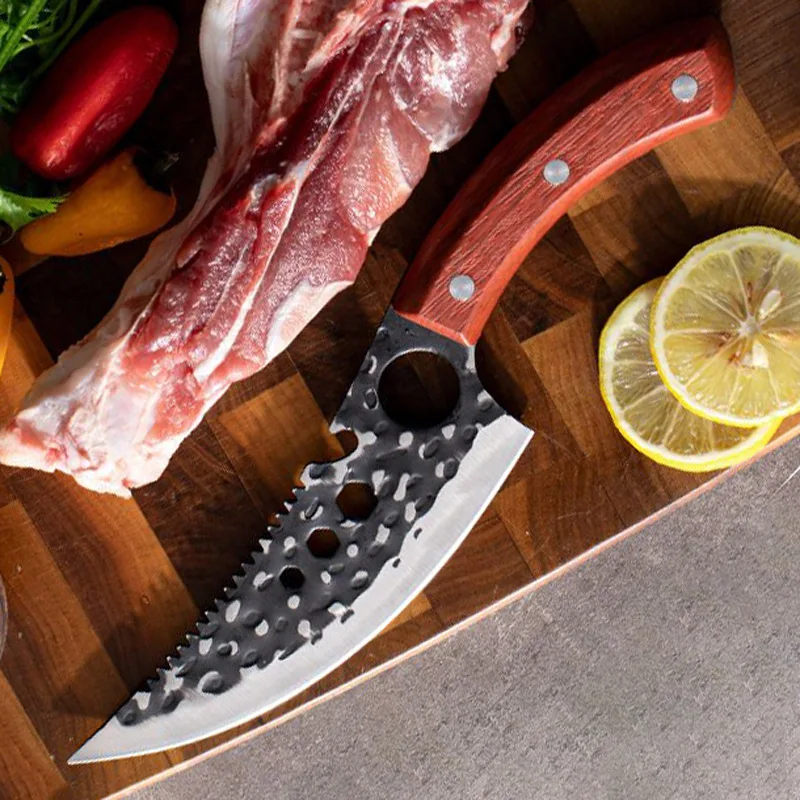 

6" Hunting Knife with Finger Hole Handmade Forged Stainless Steel Kitchen Chef Knife Meat Cleaver Boning Fishing Butcher Knife