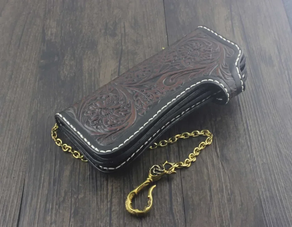 Винтажный Байкерский длинный кожаный кошелек ручной работы с резным кошельком и