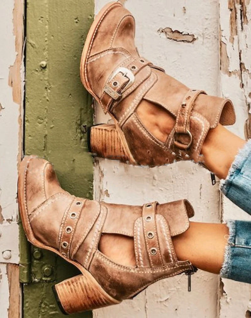 

2022 New Ankle Boots Women Thick Heels Cowboy Boots Leather Metal Riding Boots Round Toe Western Short Booties Ladies Shoes