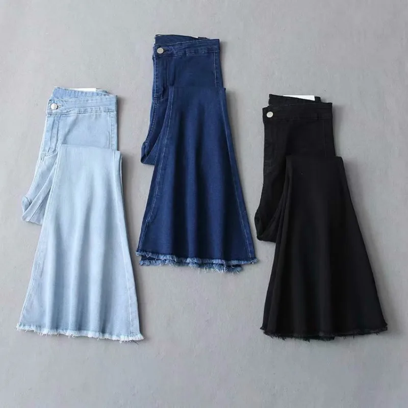 2021 Woman Jean Stretch Flare High Waist Jeans Buttons for Women Denim Pants Large Wide Leg Skinny Pant New Autumn Winter