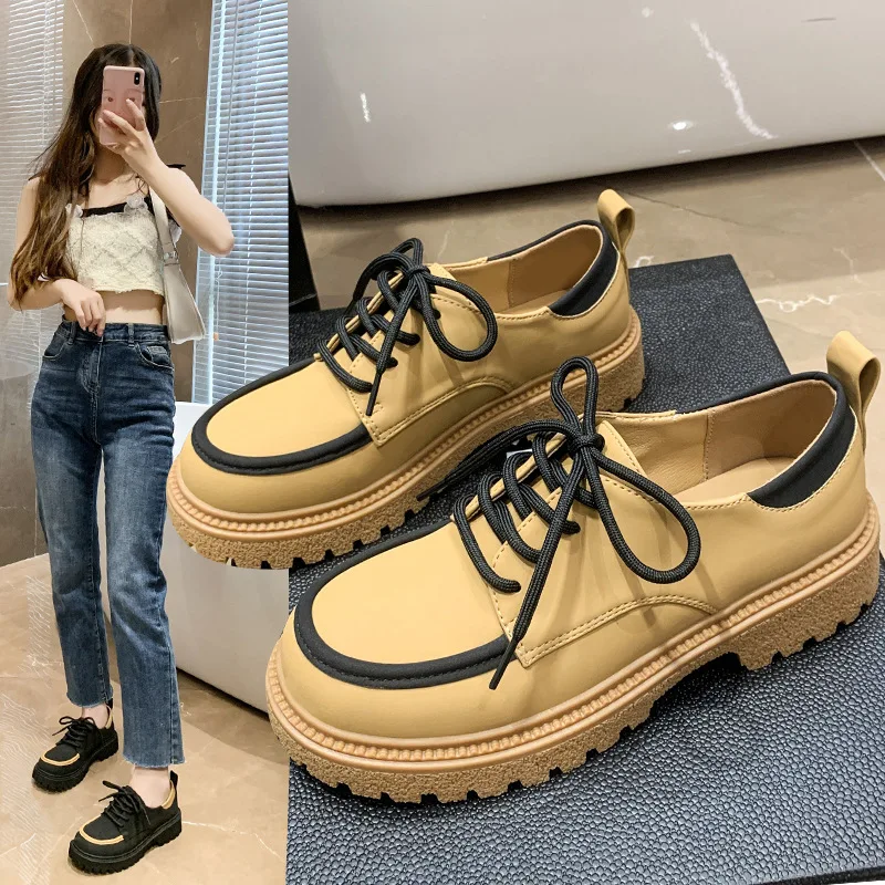 

Spring Autumn Women Oxford Shoes Flat Lace Up Platform Casual Shoes Breathable Yellow Women Leather Loafers Riding Shoes