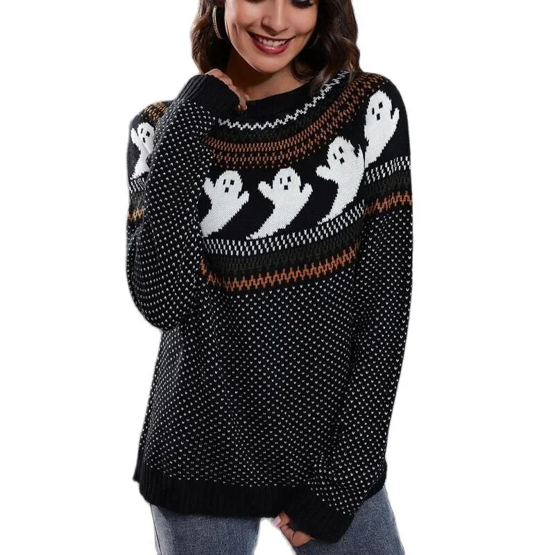 

Pullover Sweater 2023 Autumn/Winter New Loose Dotted Long Sleeve Knitted Sweater Halloween Ghost Round Neck Contrast Sweater