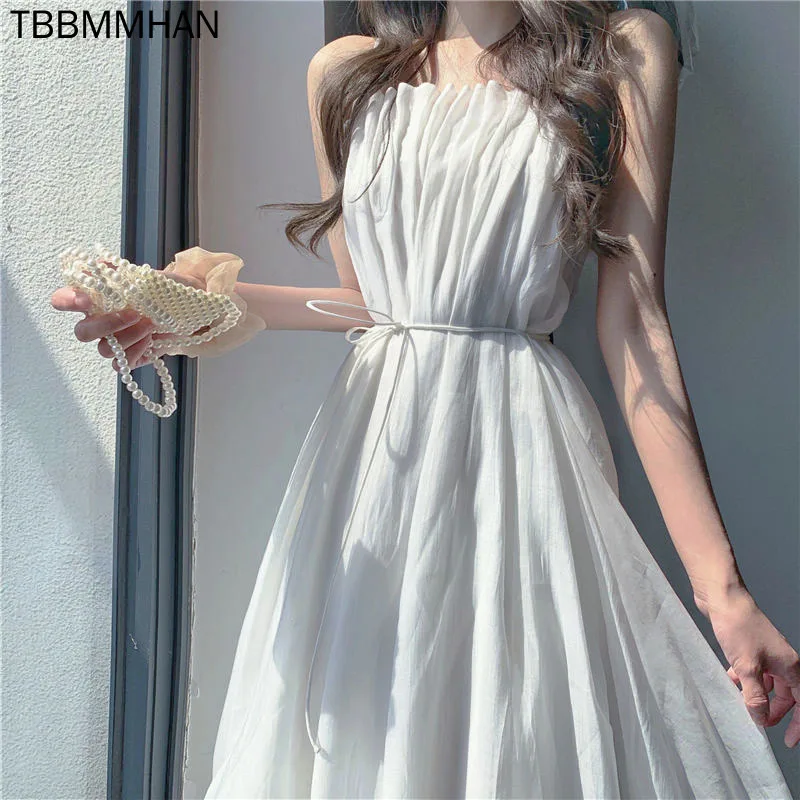 

Летнее Элегантное платье без рукавов на бретельках, женское Бандажное дизайнерское однотонное тонкое платье, цельное платье, корейское веч...