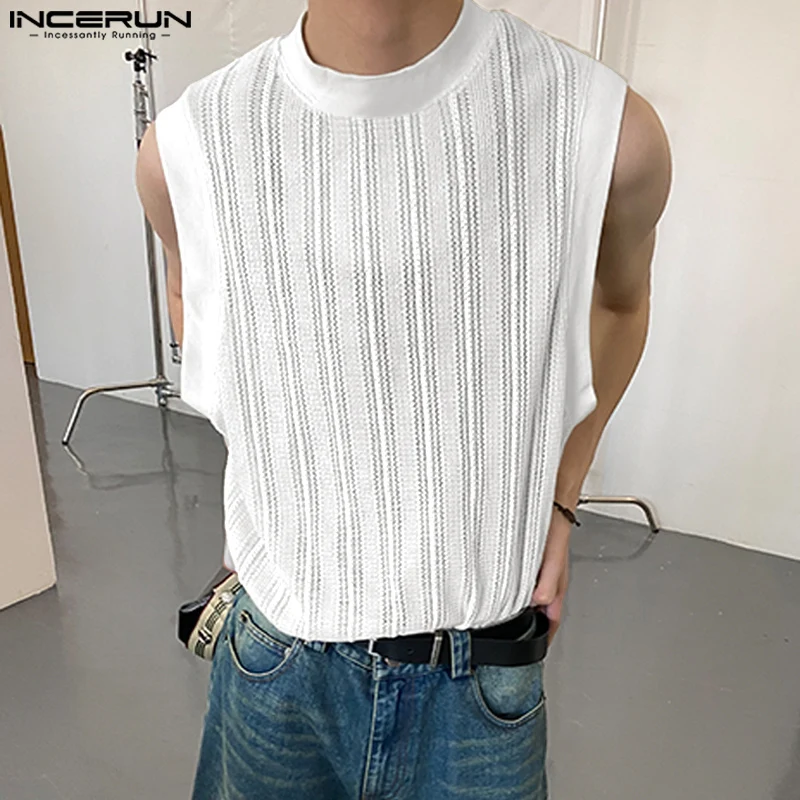 

INCERUN Men Tank Tops Mesh Hollow Out See Through O-neck Sleeveless Fashion Men Clothing Summer 2023 Korean Sexy Vests S-5XL