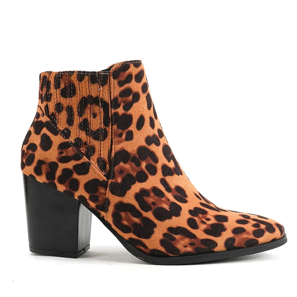 

In Stock Top Quality 2022 Leopard Women's Retro Ankle Boots Shoes Square High Heels Boot Zipper Comfy Walk Booties Footwear