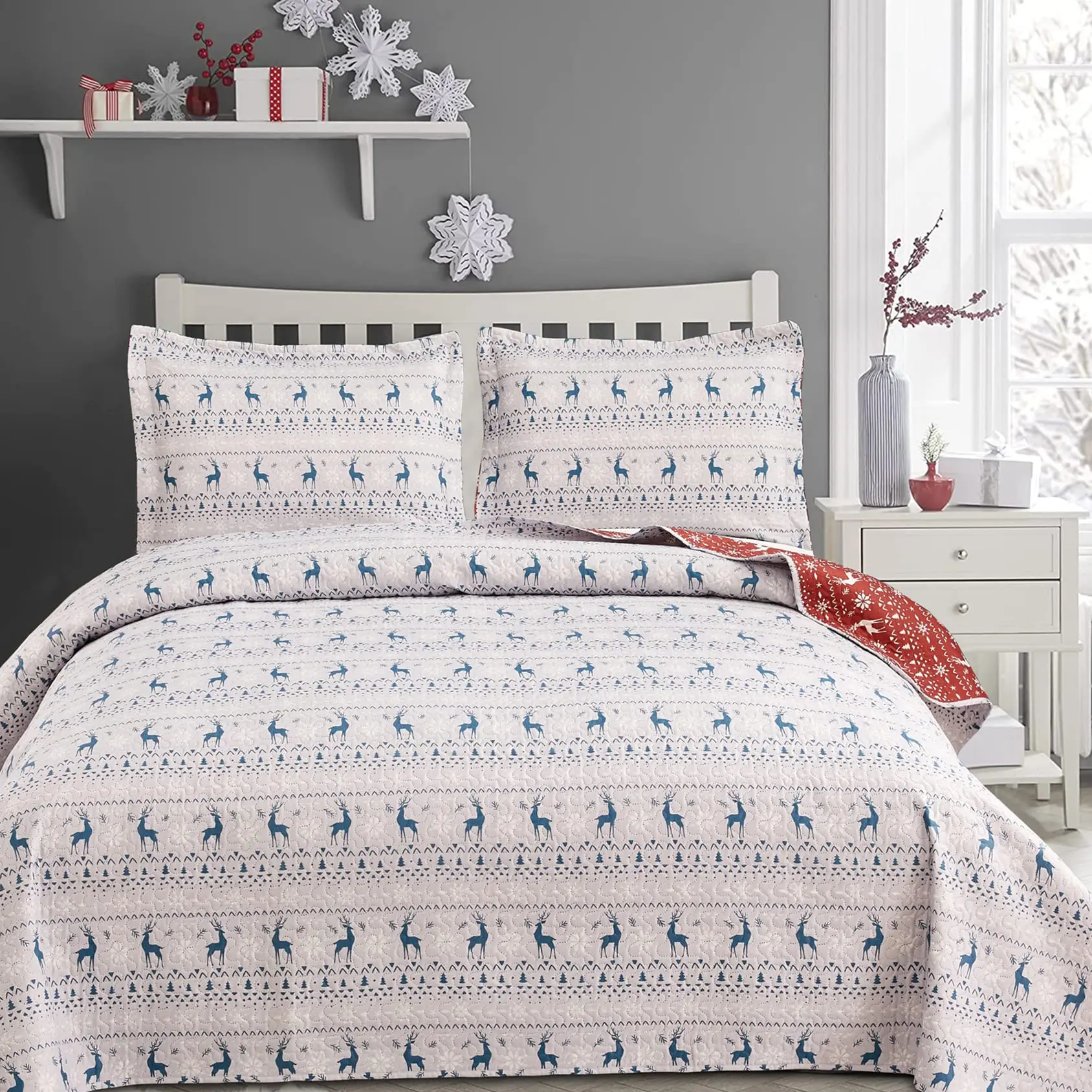 

Xmas Reversible Quilts King Size Lodge Moose Reindeer Christmas Bedspread Lightweight Cabin Elk Bedding Coverlet