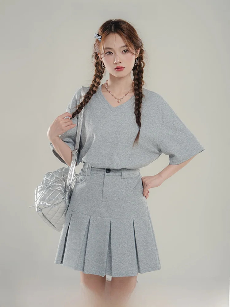 Loveheynew Fashion Idle Sle Dress Outfit Women Summer V-neck Slimming Short sleeve T-shirt Skirt Two-piece Set |