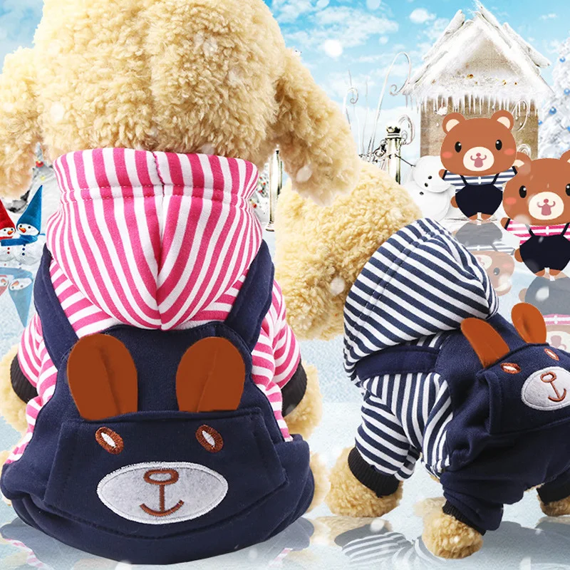 

Winter cute velvet thickened pet clothes wholesale spot embroidered bear stripes hooded warm dog clothes