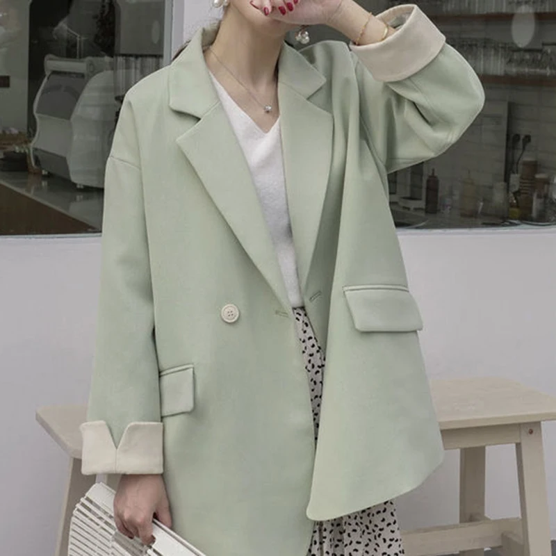 Корейский розовый маленький костюм пальто женский двубортный свободный