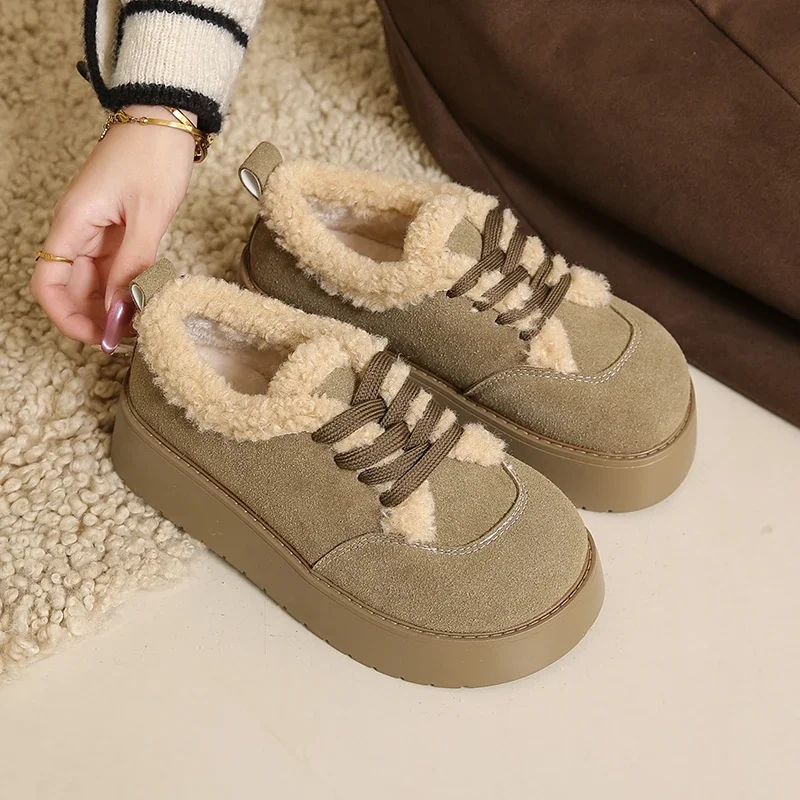Casual Woman Shoe Loafers With Fur Clogs Platform Round Toe Modis Slip-on New Creepers 2024 Winter Lace-Up Solid Leisure Fashion