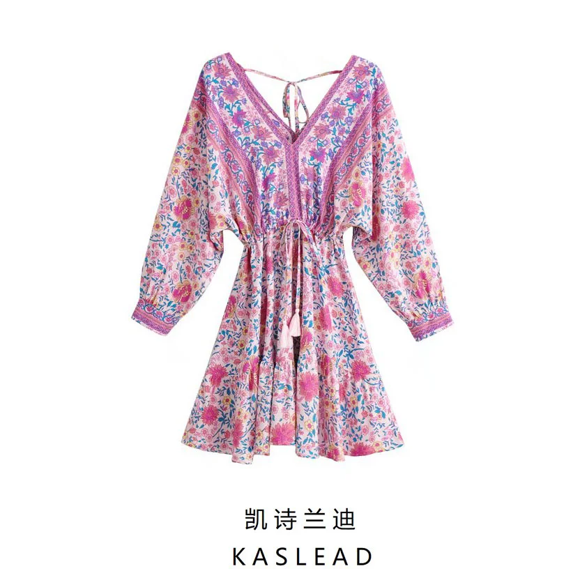 

Новая женская одежда Kaslead в европейском и американском стиле с V-образным вырезом и рукавами летучая мышь платье с принтом на талии кружевна...