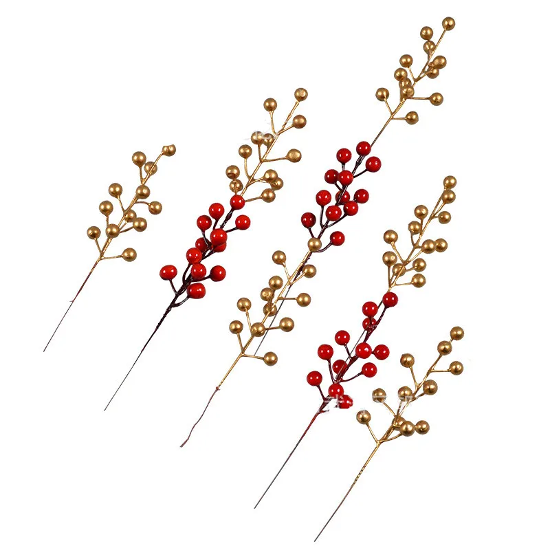 

10PCS Christmas Accessories Gold Red Berry Bean Twig Branch for DIY Xmas Handmade Flower Bouquet Decoration Artificial Flower