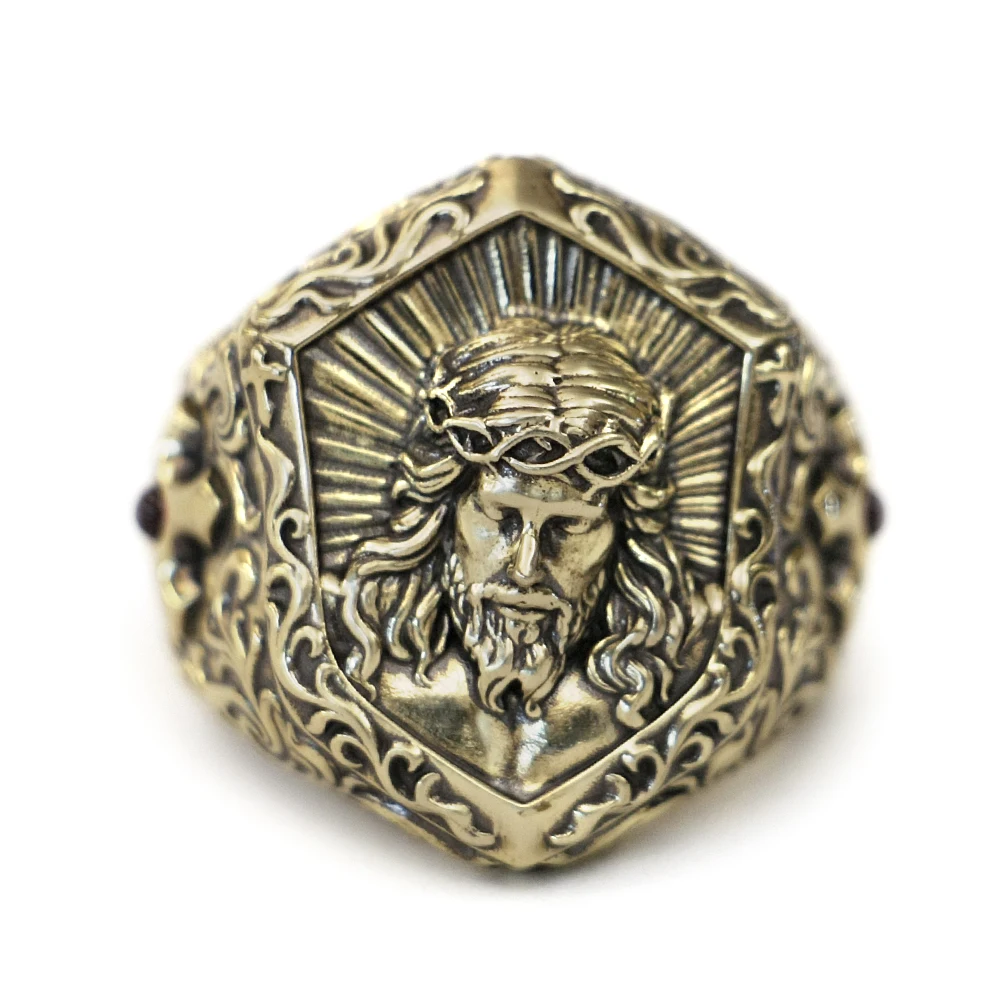 Латунное кольцо с страданием Иисуса Христа для байкеров BR459 Размер США 8 ~ 15