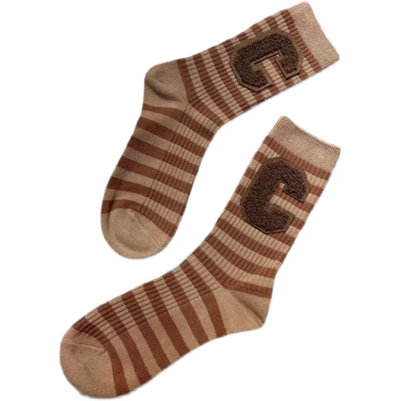 Colorblock Striped Letter C Middle Tube Stockings for Women New Autumn Winter Fashion Net Red All-match Cotton Socks Casual