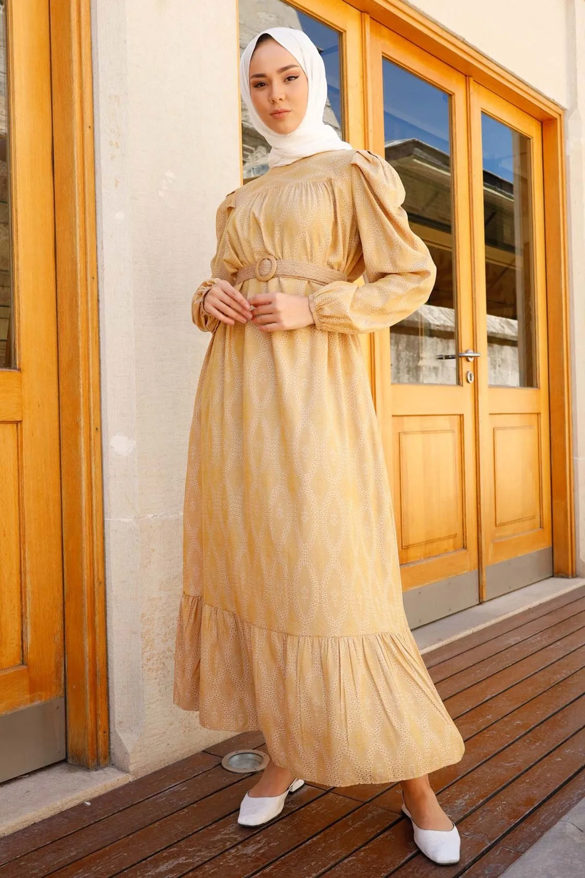 

Women's Straw Arched Patterned Cotton Hijab Dress 7 Different Color Muslim Fashion Islamic Clothing