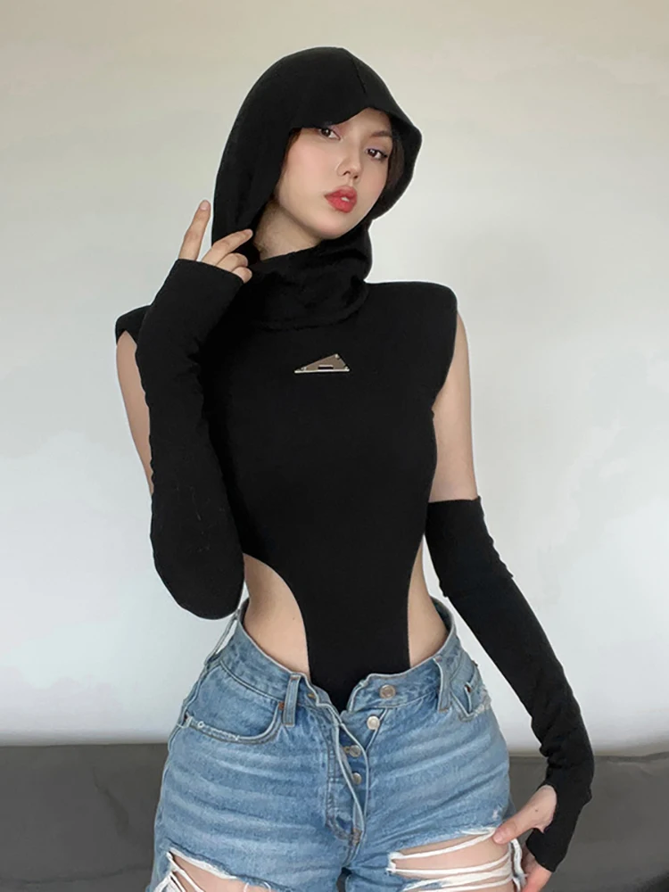 Goth Dark Techwear Y2k панк с капюшоном черные боди кибер Готический полый Bodycon топы