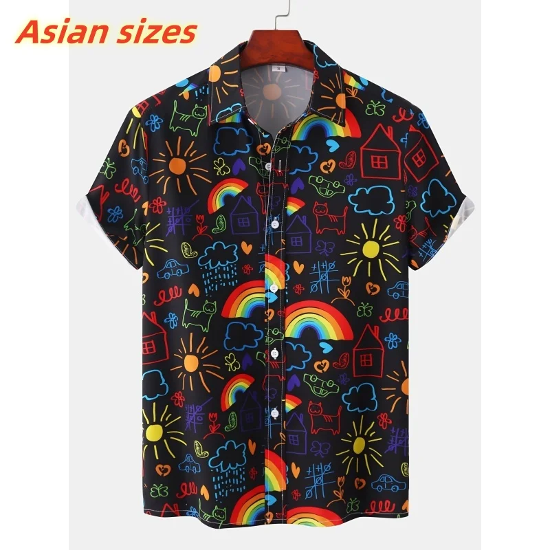 Фото Rainbow Flowers Pattern Hawaiian Shirt For Men Colorful Graffiti 3D Printed Aloha Shirts Casual Lapel Tops Short Sleeves Blouses №1