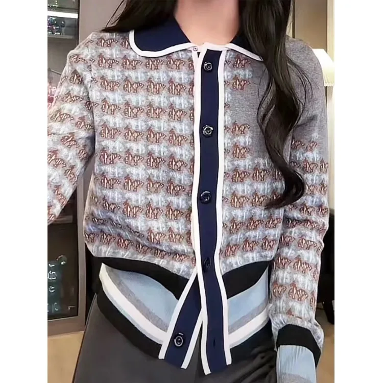 Корейский модный жаккардовый вязаный женский кардиган в горошек с длинными