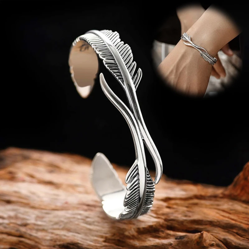 

Open Adjustable Tibetan Silver Bangle Feather Shape Cuff Bracelet Valentines Day Gift for Boyfriend Gift Accessories Bangles