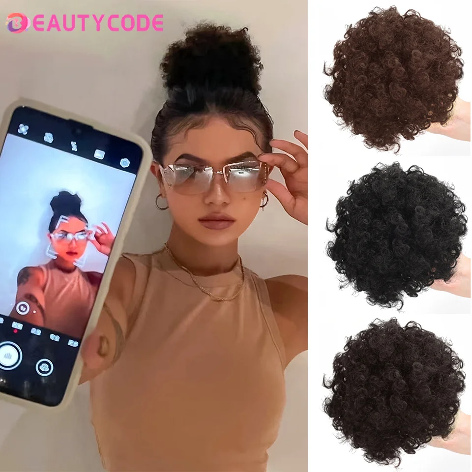 

Short Afro Puff Synthetic Hair Bun Chignon Hairpiece For Women Kids Wig Drawstring Ponytail Kinky Curly Clip in Extensions