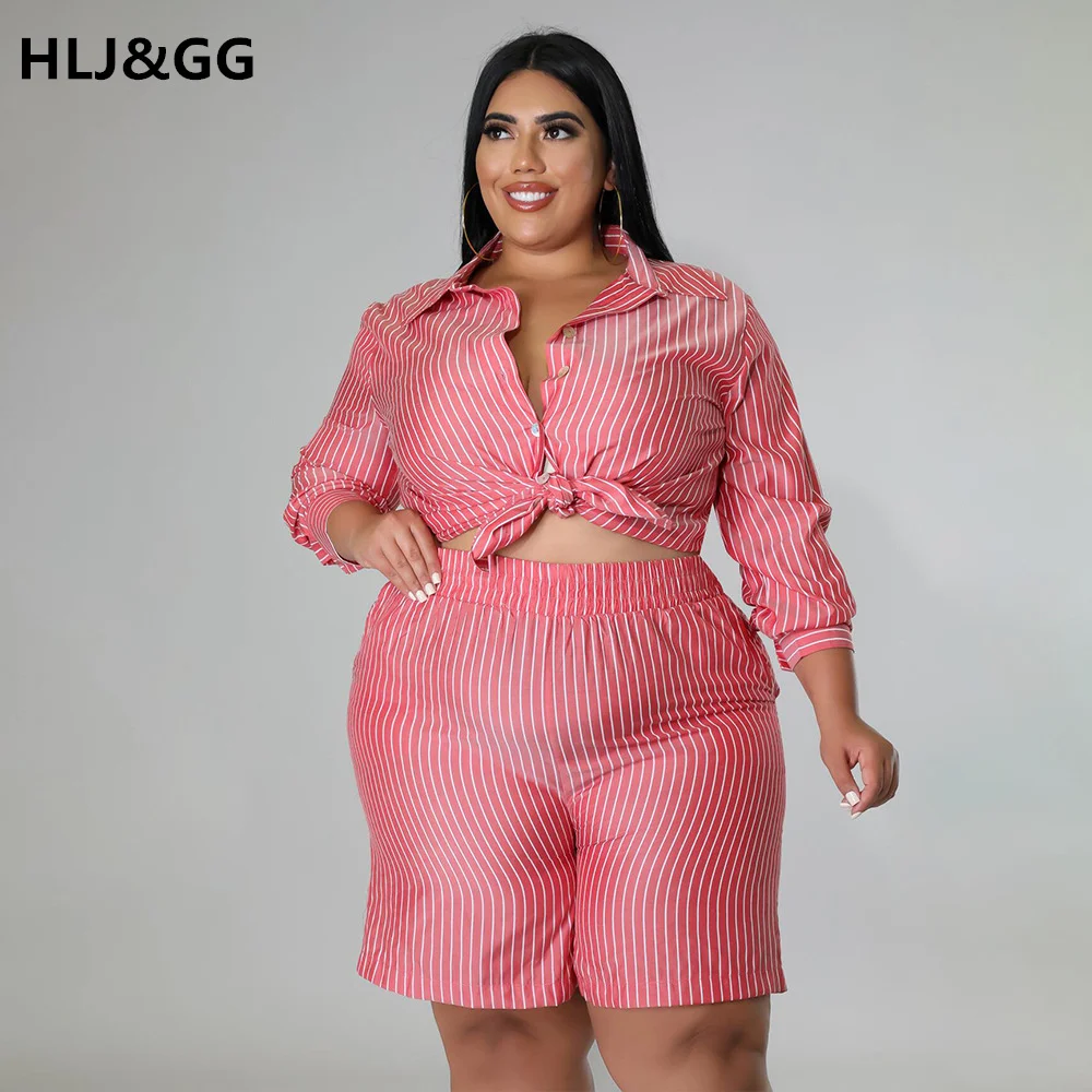 HLJ&GG Casual Plus Size Shirt Suits Turn-down Callar Long Sleeve Shirt + Short Pants Two Piece Sets Casaul Outfits Shorts Sets
