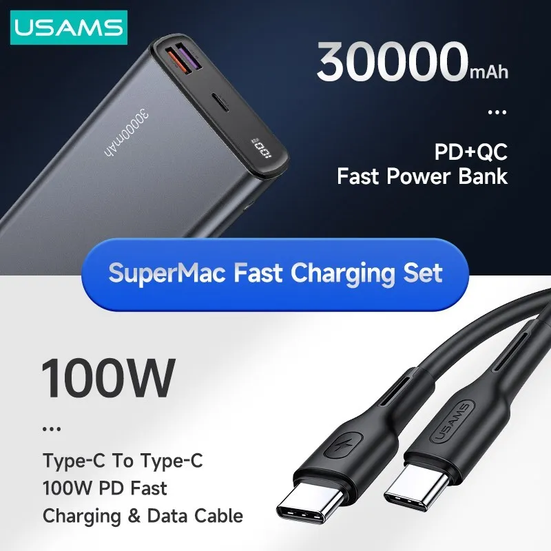 Kup USAMS 30000mAh 65W Szybkie ładowanie Banku Mocy PD QC AFC FCP PPS Powerbank Bateria Zewnętrzna Do Laptopa Tablet Smartphone Przełącznik