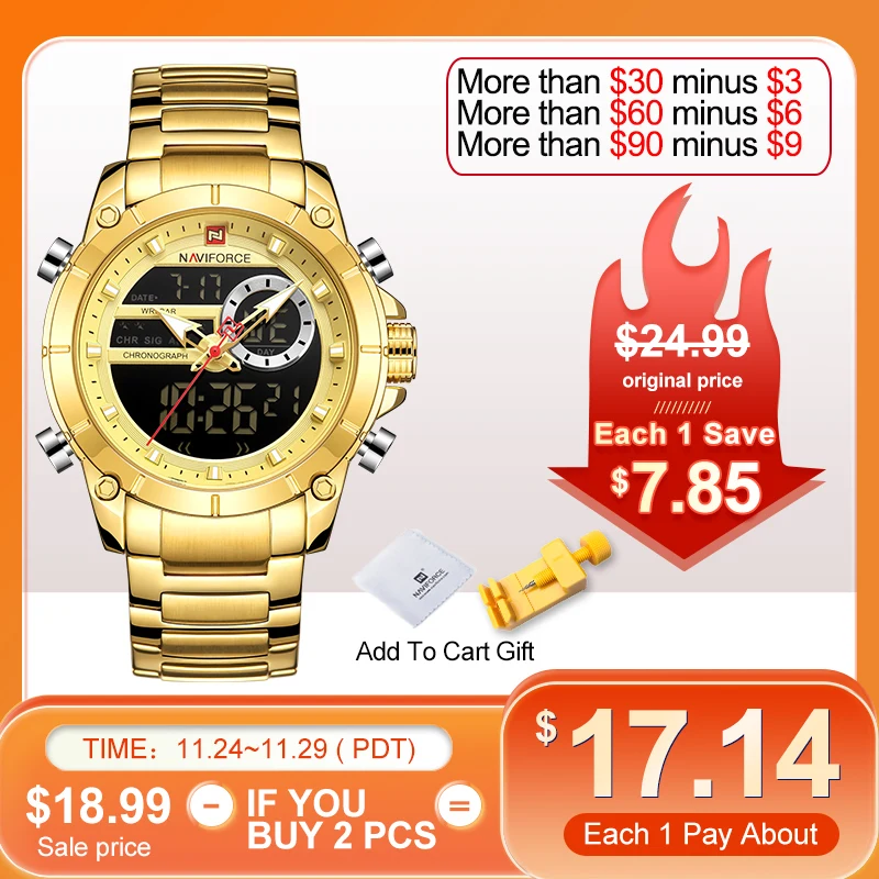 NAVIFORCE Luxury Original Sports Wrist Watch For Men Gold Quartz Steel Waterproof Dual Display Watches Relogio Masculino 9163