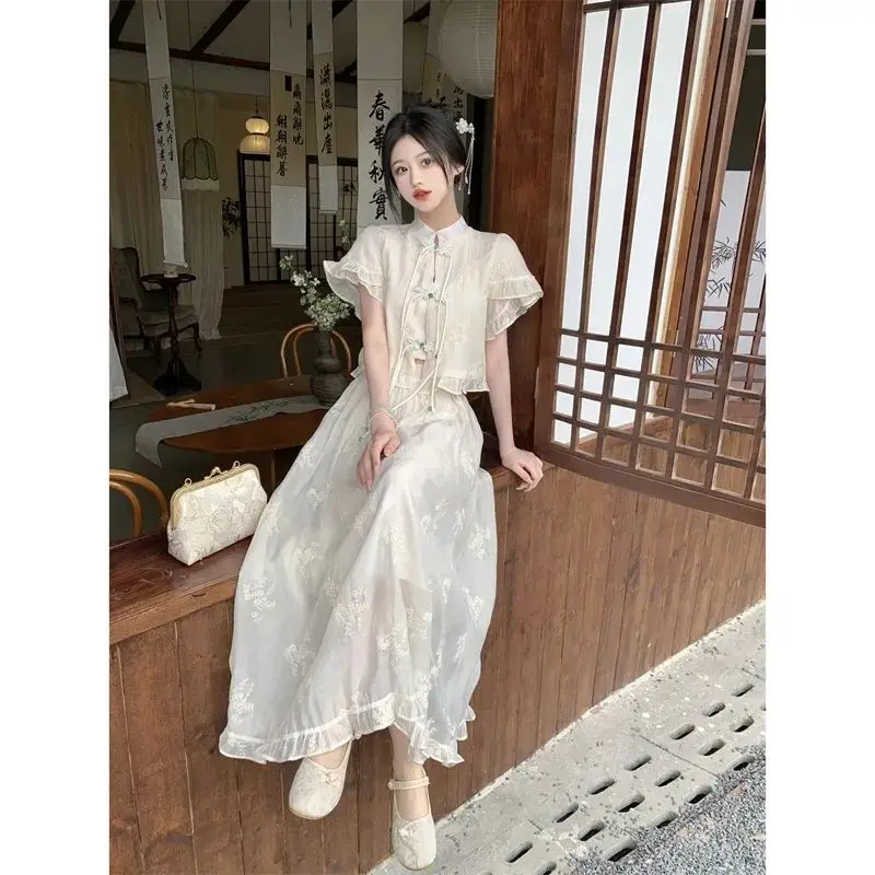 

New Design Sweet Lace Short-sleeved Blouse Skirt Summer 2023 New Fashion Suit Dress for Women